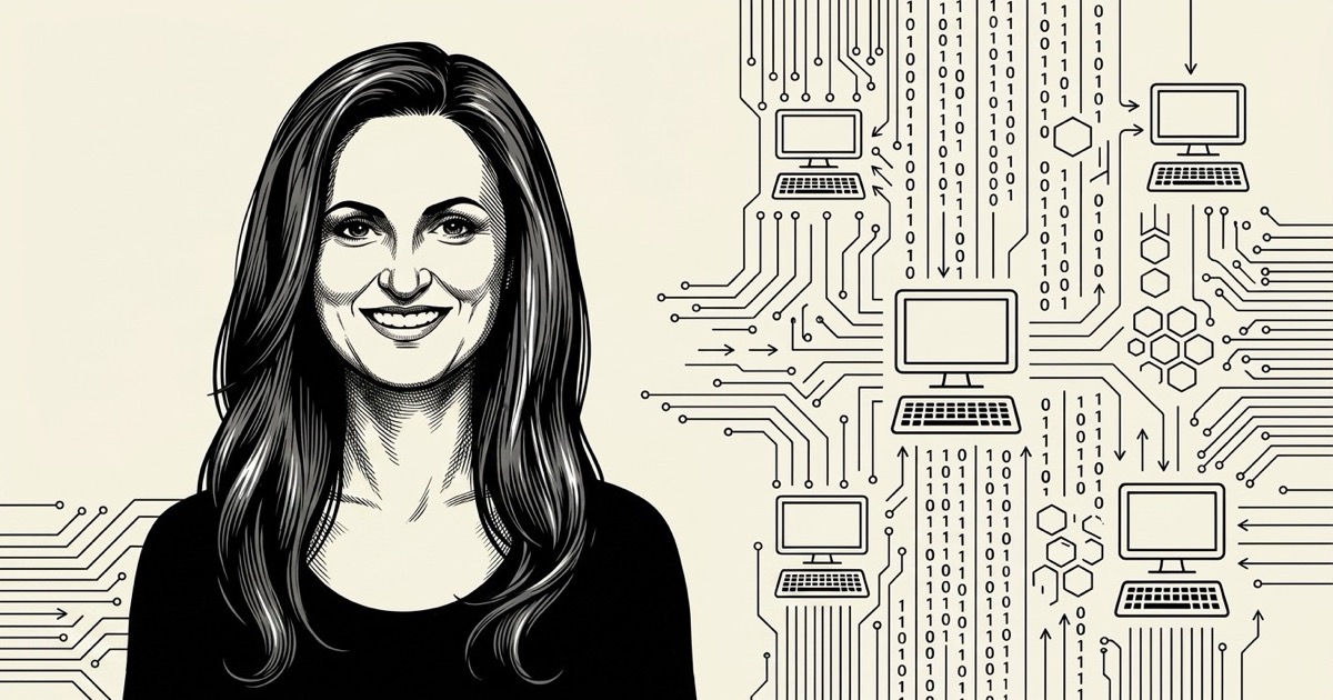 Illustrated portrait of Lindsey Sobrinski beside a circuit-board pattern of linked terminals and binary, representing AI-driven marketing measurement.