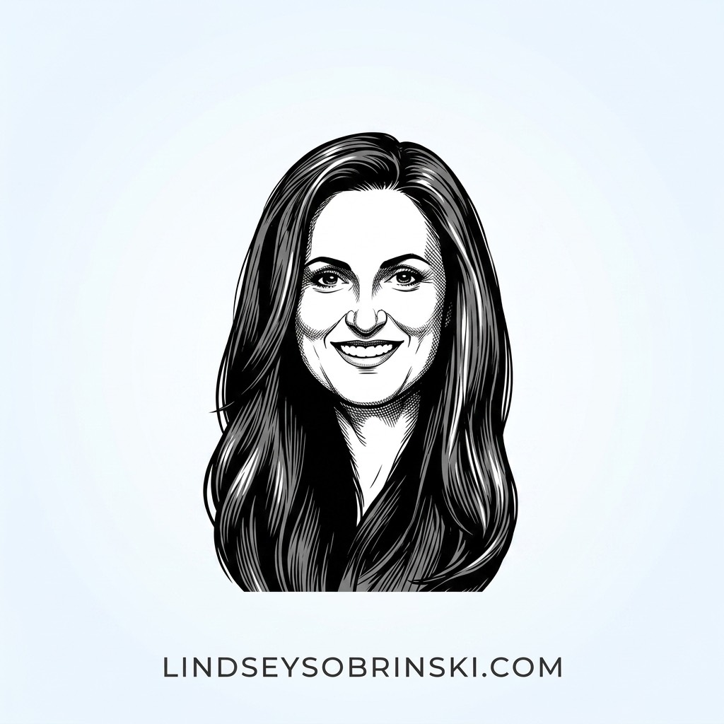 Illustrated black-and-white portrait of Lindsey Sobrinski.