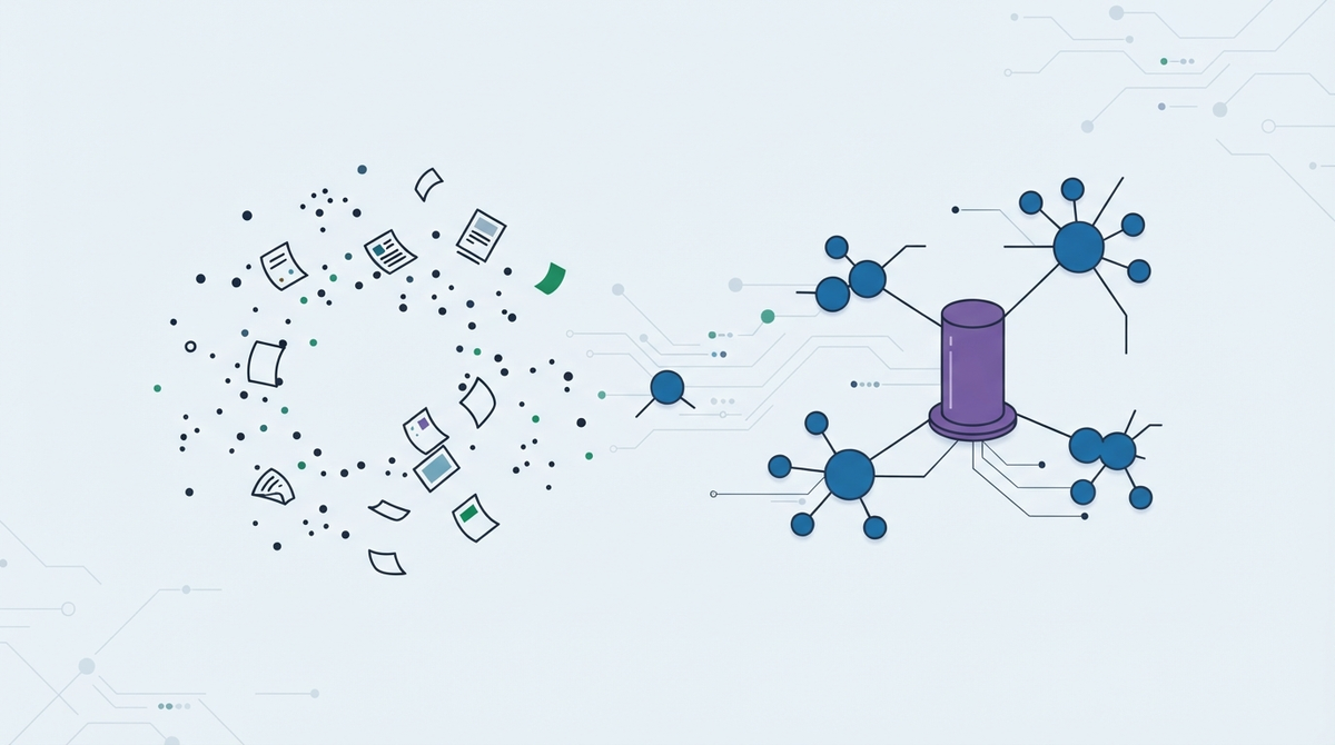 Scattered page fragments and dots on the left resolving into an organized network of linked nodes around a central pillar on the right, representing topical authority built from otherwise disconnected content.