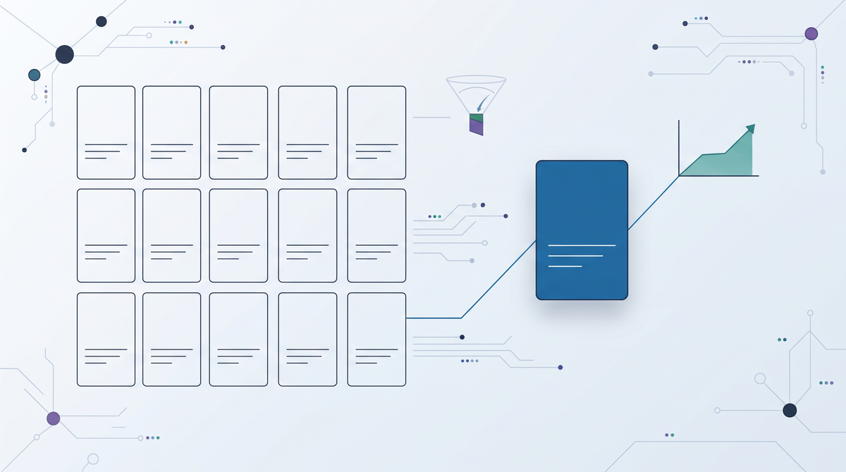 A large grid of faint product cards with a single card highlighted in blue and connected to a rising revenue curve, representing how only a fraction of ranking pages actually capture demand.