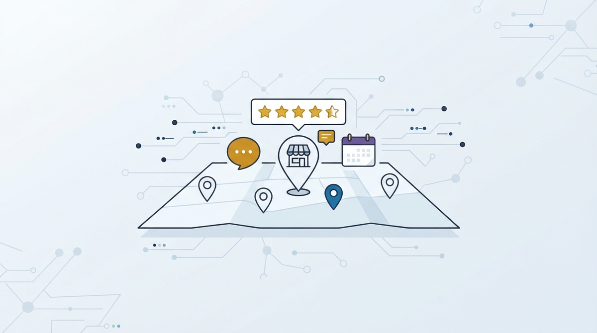A map with several location pins, one storefront pin highlighted with a five-star rating and a calendar, representing local visibility measured in reviews and booked appointments rather than rankings alone.