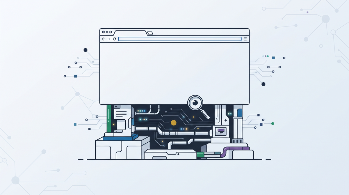 A blank browser window resting on a cross-section of exposed machinery — pipes, circuit lines, and data points being inspected by a magnifier — representing the technical infrastructure beneath a web page that decides whether it can be crawled and rendered.